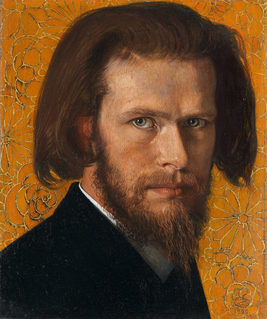 Der Maler Oskar Zwintscher blickt gerade aus dem Bild heraus. Er hat halblange Haare und einen Bart. Im Hinterbgrund eine gelbe Fläche, auf die Blumen eingritzt sind - sie wirkt wie ein Goldhintergrund. 